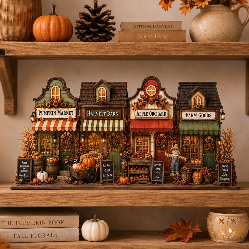 Autumn Village Wooden Block Shelf Decor