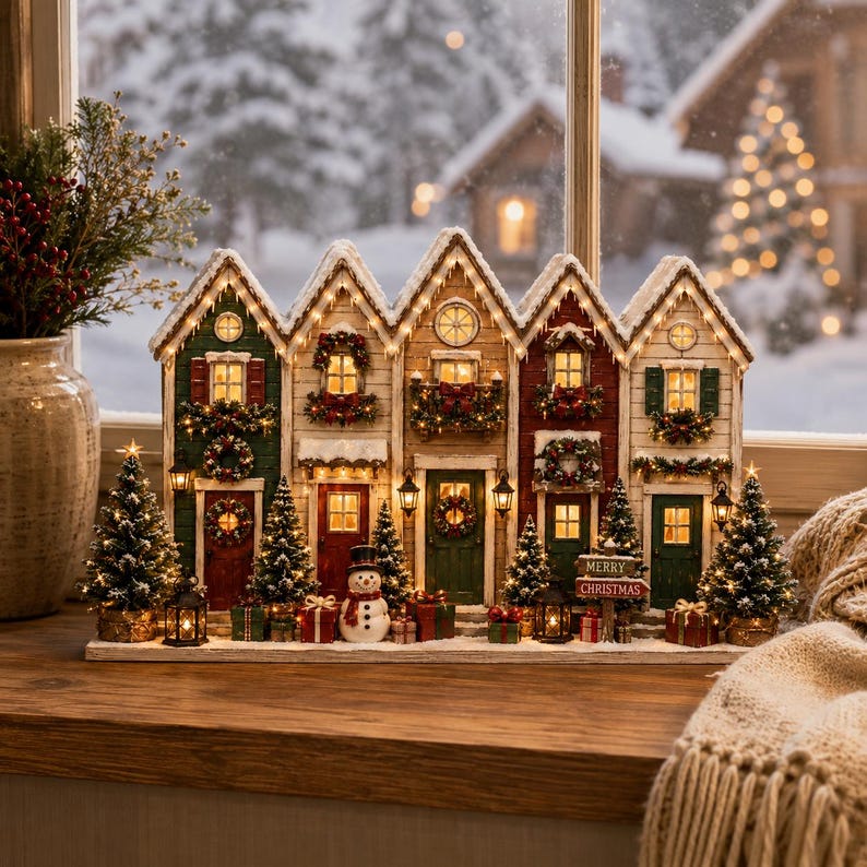 Christmas Village Wooden Block Shelf Decor