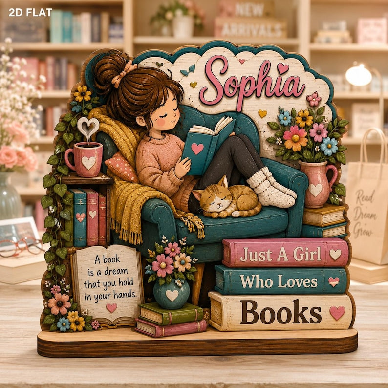 Personalized Cozy Reading Girl Wooden Block