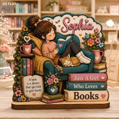 Personalized Cozy Reading Girl Wooden Block