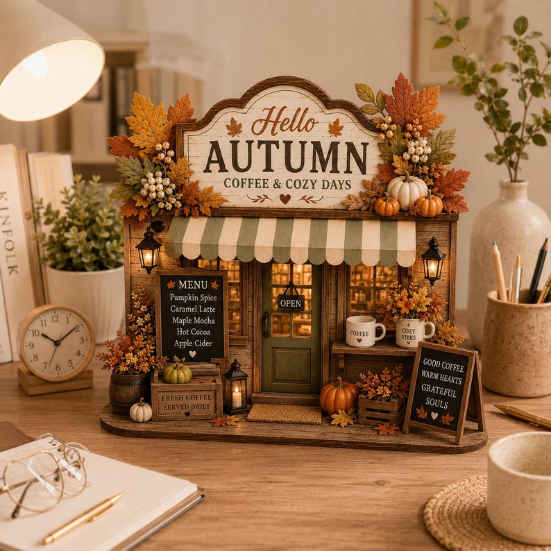 Autumn Coffee Shop Wooden Block Decor
