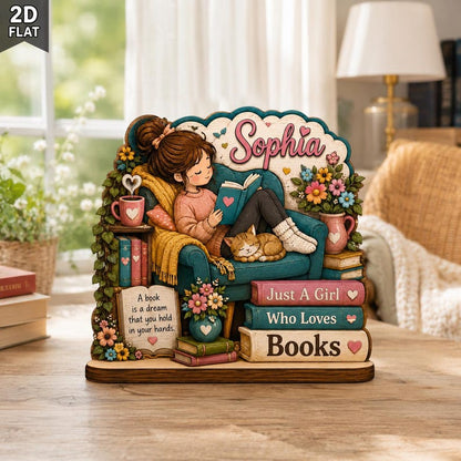 Personalized Cozy Reading Girl Wooden Block