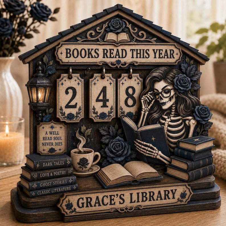Gothic Wooden Book Tracker With Stand