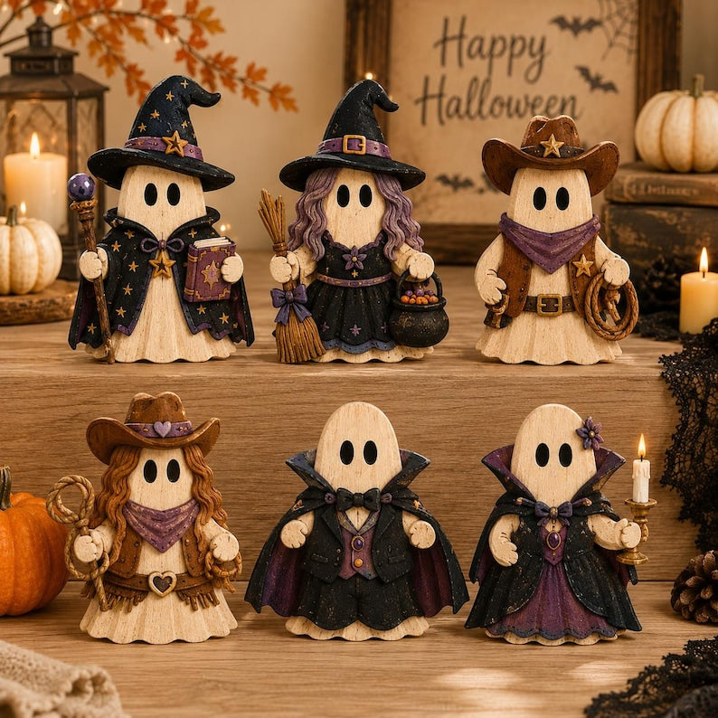 Witchy Halloween Ghost Wooden Block Decor