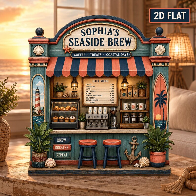 Personalized Beach Coffee Shop Wooden Block