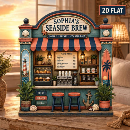 Personalized Beach Coffee Shop Wooden Block