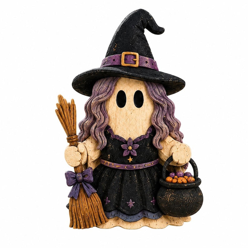 Witchy Halloween Ghost Wooden Block Decor